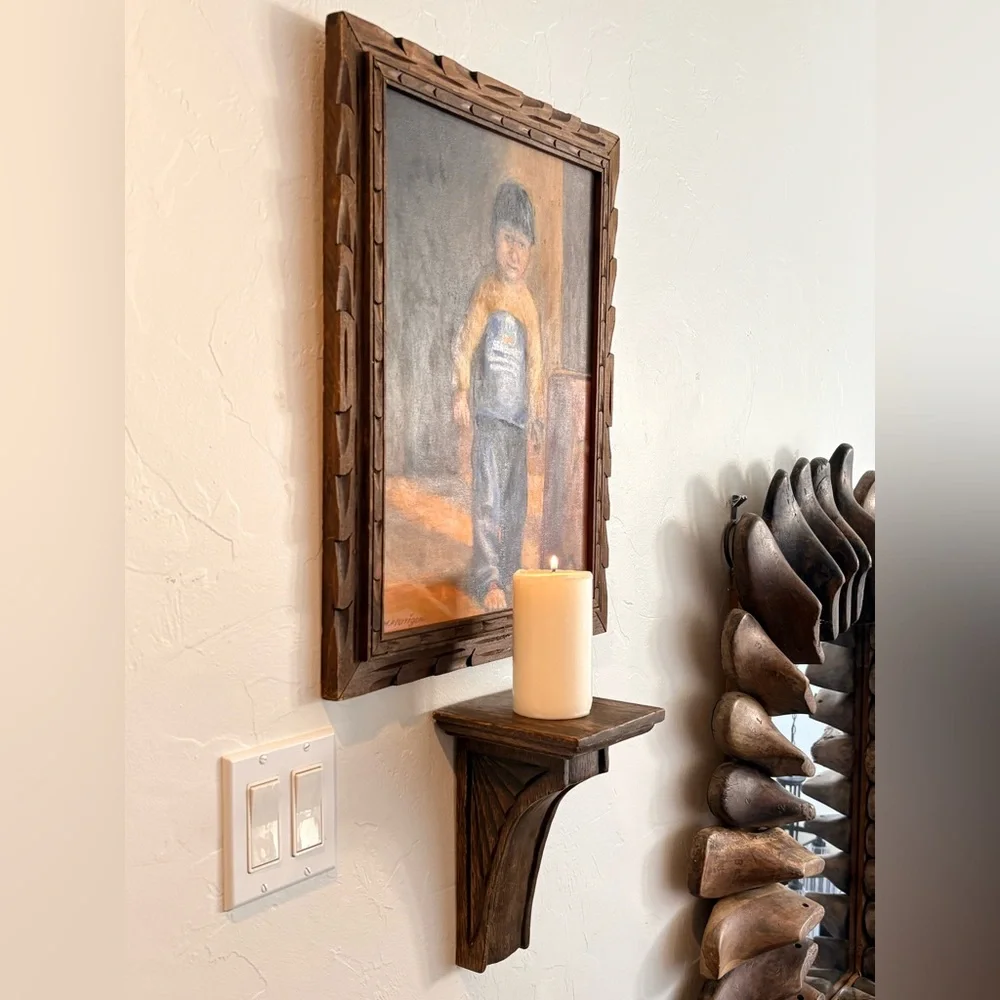 Rustic Carved Wood Brown Wall Shelf